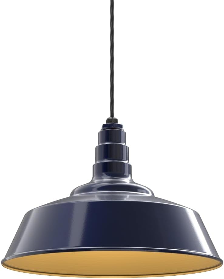 Steel Lighting Co. Manhattan Warehouse Light | Ceiling Mounted Pendant | 20 inch Dome | 4' Black Cord | Large Steel Barn Light Made in America | Navy Blue Exterior/Brass Interior
