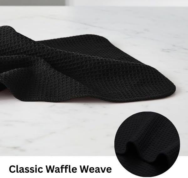 PurpleEssences Dish Cloths and Dish Rags - 6 Pack Waffle Weave Solid Kitchen Dish Wash Cloths, 100% Cotton, 12 x 12 Inches, Ultra Soft Absorbent Quick Drying - Christmas Holiday Winter - Black