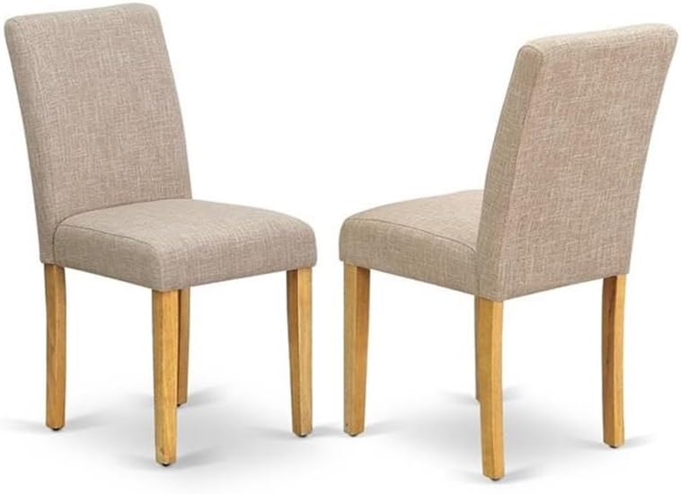 East West Furniture DMAB5-OAK-04 5 Piece Dining Set Includes a Round Dining Room Table with Dropleaf and 4 Light Tan Linen Fabric Upholstered Parson Chairs, 42x42 Inch, Oak