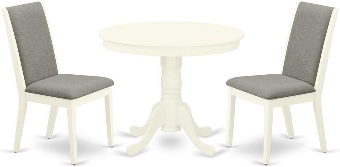 East West Furniture ANLA3-LWH-06 3 Piece Kitchen Table Set for Small Spaces Contains a Round Dining Table with Pedestal and 2 Shitake Linen Fabric Upholstered Chairs, 36x36 Inch, Linen White