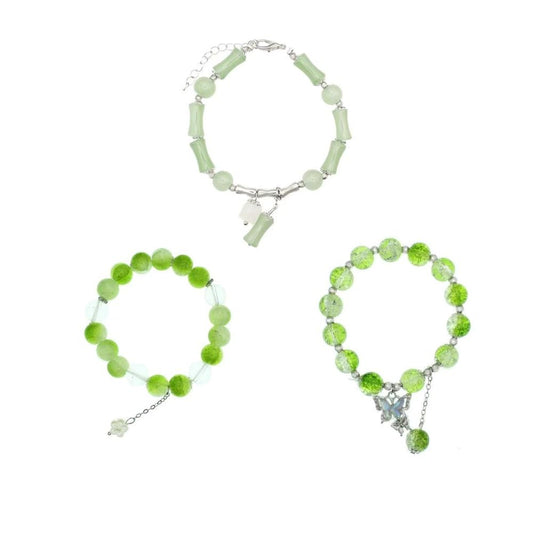 Nyx&lvy Bamboo Beaded New Chinese Style Jade for Women3-Piece Crystal Exquisite Lucky Bracelet Jewelry Elegant Green Jade Beaded Bracelet Set