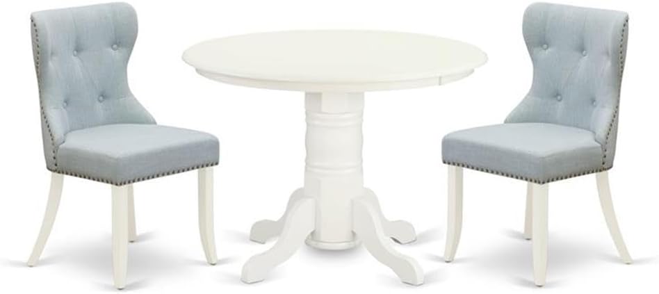East West Furniture SHSI3-WHI-15 3 Piece Dining Room Table Set Contains a Round Wooden Table with Pedestal and 2 Baby Blue Linen Fabric Upholstered Chairs, 42x42 Inch, Linen White