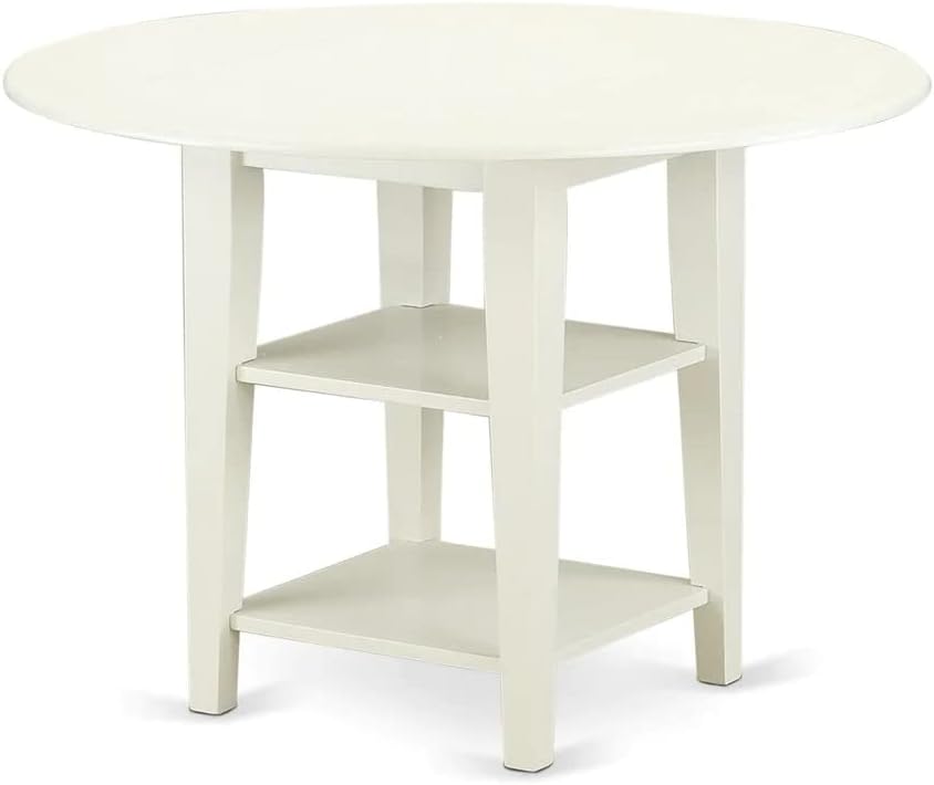 East West Furniture SUDA5-LWH-W 5 Piece Dining Room Furniture Set Includes a Round Kitchen Table with Dropleaf & Shelves and 4 Dining Chairs, 42x42 Inch, Linen White