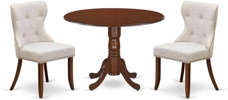 East West Furniture DLSI3-MAH-35 3 Piece Kitchen Table Set Contains a Round Dining Table with Dropleaf and 2 Doeskin Linen Fabric Parson Dining Room Chairs, 42x42 Inch, Mahogany