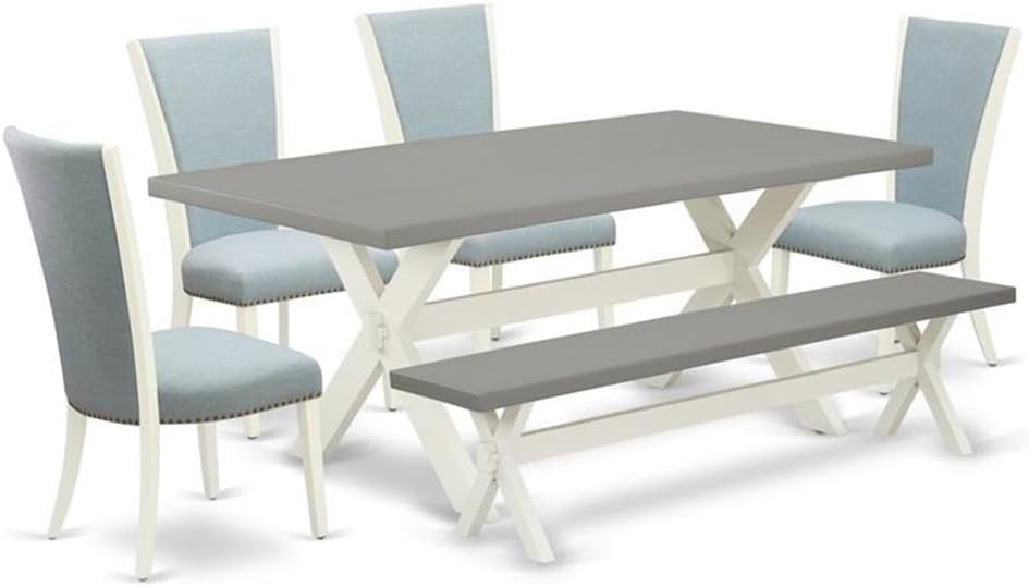 East West Furniture X097VE215-6 6 Piece Kitchen Table Set Contains a Rectangle Dining Table with X-Legs and 4 Baby Blue Linen Fabric Parson Chairs with a Bench, 40x72 Inch, Multi-Color