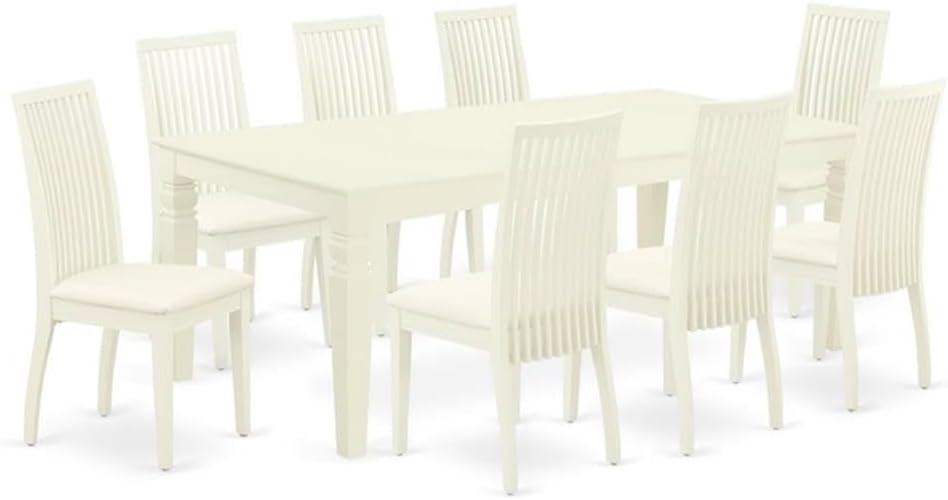 East West Furniture LGIP9-LWH-C 9 Piece Dining Room Table Set Includes a Rectangle Kitchen Table with Butterfly Leaf and 8 Linen Fabric Upholstered Dining Chairs, 42x84 Inch, Linen White