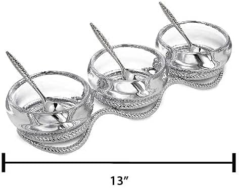 Nambe Braid Condiment Set with Spoons, Modern Scandinavian Glass Bowls on Braided Stainless Steel & Chrome Base - Decorative Serving Set for Sauces, Nuts, Appetizers & Snacks, Designed by Sean O’Hara