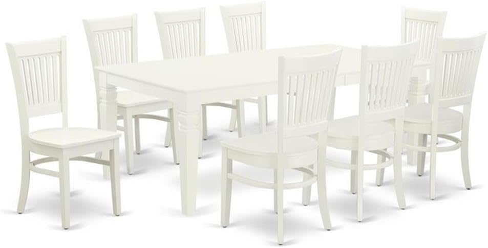East West Furniture LGVA9-LWH-W 9 Piece Dining Table Set Includes a Rectangle Dining Room Table with Butterfly Leaf and 8 Wood Seat Chairs, 42x84 Inch, Linen White