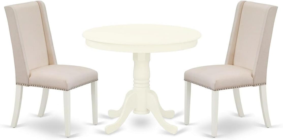 East West Furniture ANFL3-LWH-01 3 Piece Dining Room Furniture Set Contains a Round Kitchen Table with Pedestal and 2 Cream Linen Fabric Parson Dining Chairs, 36x36 Inch, Linen White