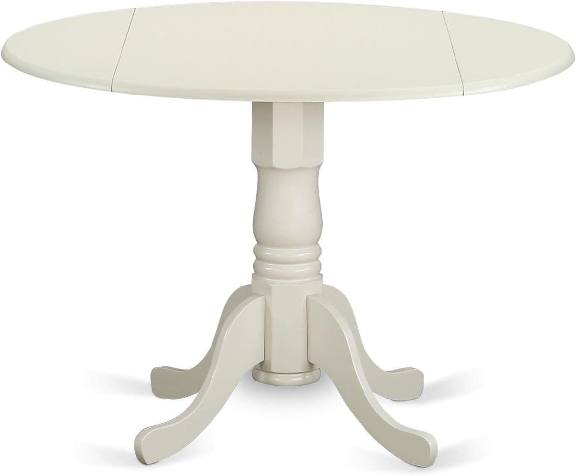 East West Furniture DMVA3-LWH-W 3 Piece Kitchen Table & Chairs Set Contains a Round Dining Room Table with Dropleaf and 2 Dining Chairs, 42x42 Inch, Linen White