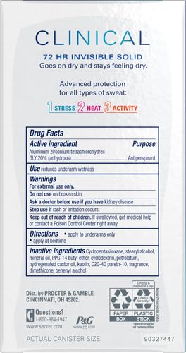 Secret Clinical Strength Antiperspirant and Deodorant for Women Invisible Solid, Completely Clean Scent, 72-hr Sweat Protection, 1.6 oz (Pack of 2)