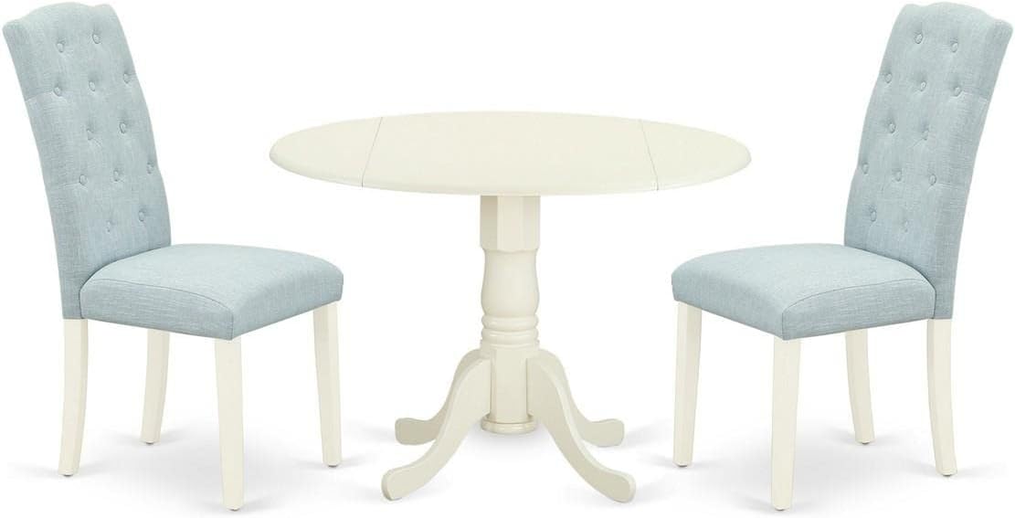 East West Furniture DLCE3-WHI-15 3 Piece Dining Table Set Contains a Round Dining Room Table with Dropleaf and 2 Baby Blue Linen Fabric Upholstered Chairs, 42x42 Inch, Linen White