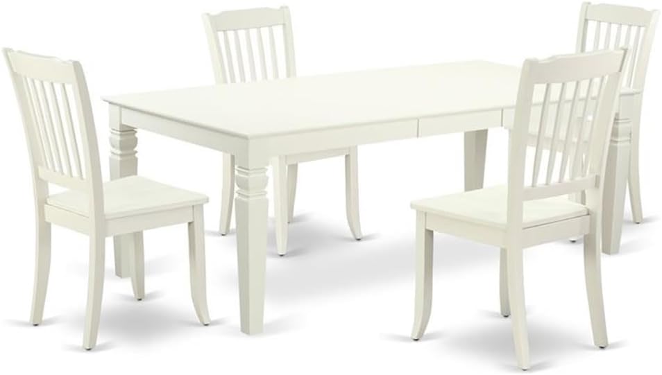 East West Furniture LGDA5-LWH-W 5 Piece Kitchen Table Set for 4 Includes a Rectangle Dining Room Table with Butterfly Leaf and 4 Solid Wood Seat Chairs, 42x84 Inch, Linen White