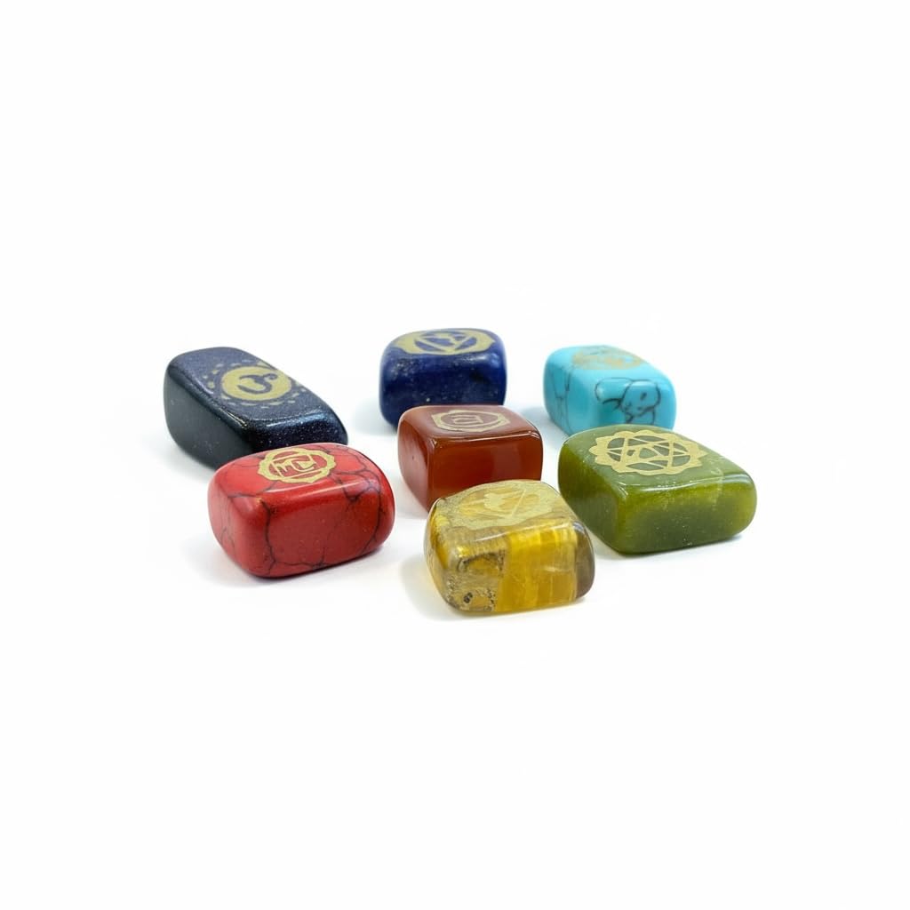 7 Chakra Engraved Crystal Healing Stones Set, Natural Gemstone Meditation Stones with Sacred Symbols, Multicolor Carved Quartz Crystals for Spiritual Balance (Square)
