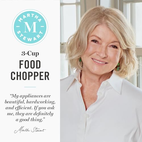 Martha Stewart 3 Cup Food Processor, Electric Vegetable Chopper, Stainless Steel Blades, 24oz BPA-Free Bowl, Pour Spout, Dicing, Mincing, Chop & Puree, Dishwasher Safe, Oil Chute, Easy-Clean, Sky Blue