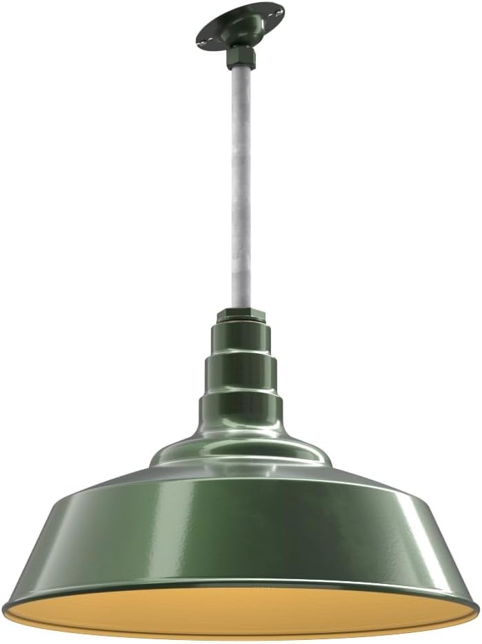Steel Lighting Co. Manhattan Warehouse Light | Ceiling Mounted Pendant | 20 inch Dome | 12" Sloped Stem | Large Steel Barn Light Made in America | Hunter Green Exterior/Brass Interior