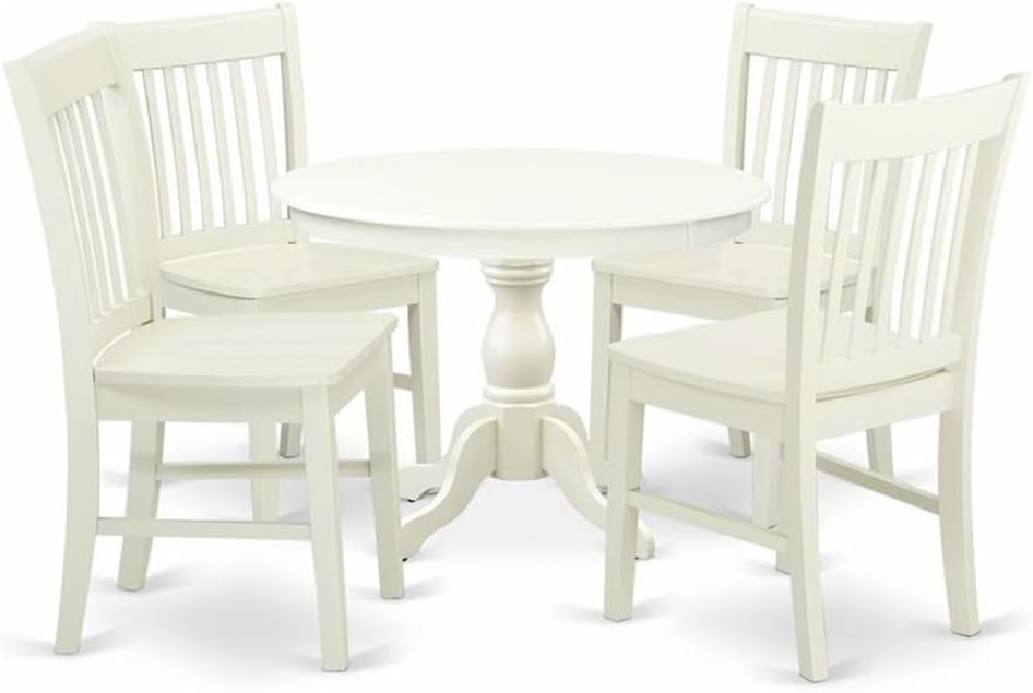 East West Furniture HBNF5-LWH-W 5 Piece Modern Dining Table Set Includes a Round Wooden Table with Pedestal and 4 Dining Room Chairs, 42x42 Inch, Linen White