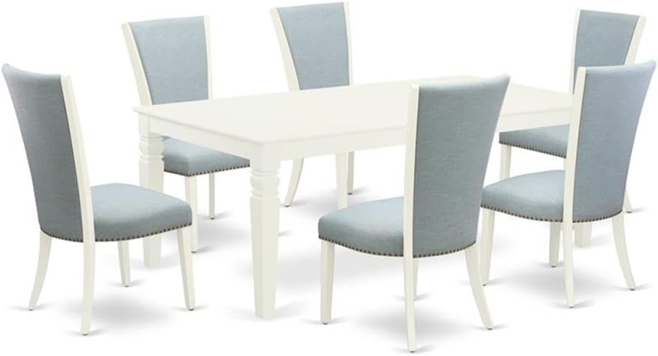 East West Furniture LGVE7-LWH-15 7 Piece Kitchen Table & Chairs Set Consist of a Rectangle Butterfly Leaf Dining Table and 6 Baby Blue Linen Fabric Parson Chairs, 42x84 Inch, Linen White