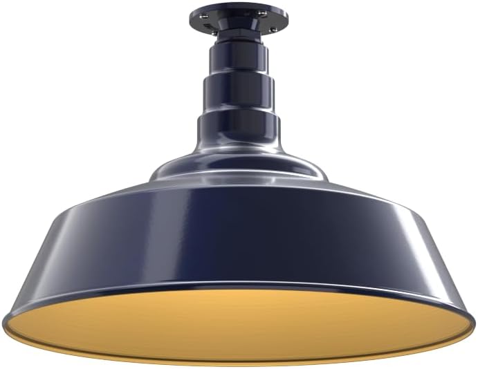 Steel Lighting Co. Manhattan Warehouse Light | Ceiling Mounted Pendant | 20 inch Dome | Flush Mount | Large Steel Barn Light Made in America | Navy Blue Exterior/Brass Interior