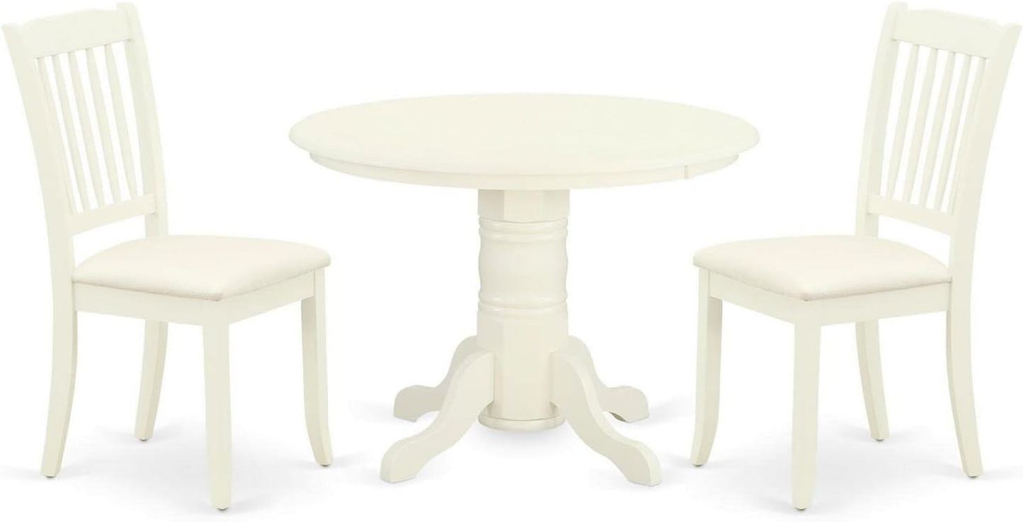 East West Furniture SHDA3-WHI-C 3 Piece Dining Room Table Set Contains a Round Kitchen Table with Pedestal and 2 Linen Fabric Upholstered Dining Chairs, 42x42 Inch, Linen White