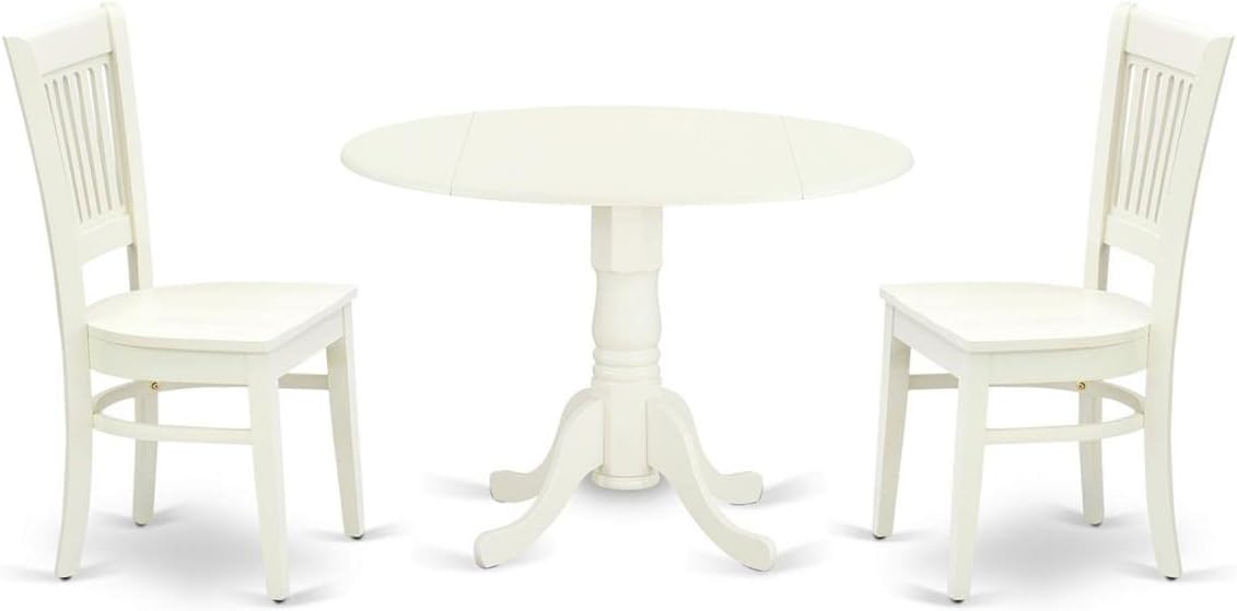 East West Furniture DLVA3-LWH-W 3 Piece Modern Dining Table Set Contains a Round Wooden Table with Dropleaf and 2 Dining Room Chairs, 42x42 Inch, Linen White