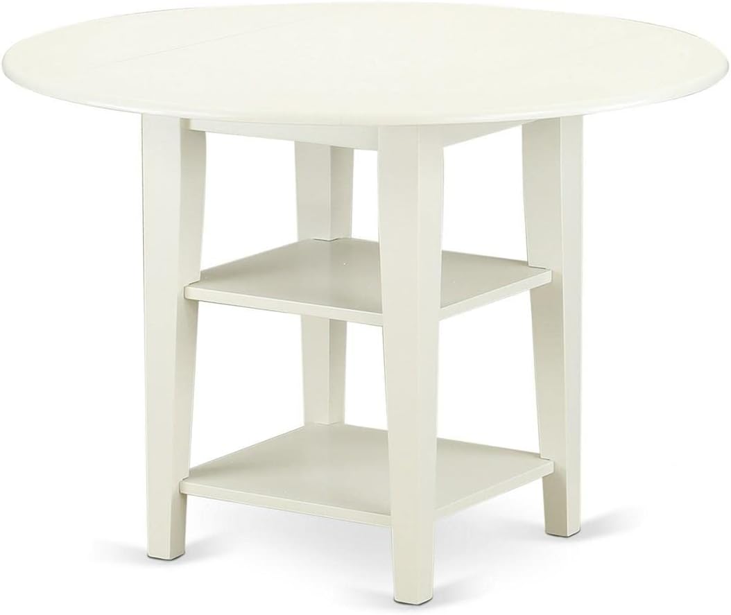 East West Furniture SUDA3-LWH-C 3 Piece Dining Table Set Contains a Round Dining Room Table with Dropleaf & Shelves and 2 Linen Fabric Upholstered Chairs, 42x42 Inch, Linen White