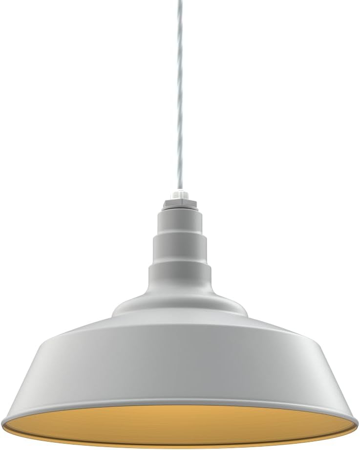 Steel Lighting Co. Manhattan Warehouse Light | Ceiling Mounted Pendant | 20 inch Dome | 4' White Cord | Large Steel Barn Light Made in America | Modern Gray Exterior/Brass Interior
