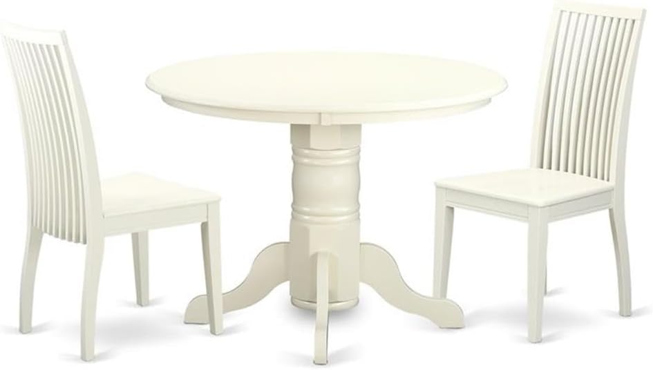 East West Furniture SHIP3-LWH-W 3 Piece Dinette Set for Small Spaces Contains a Round Kitchen Table with Pedestal and 2 Dining Chairs, 42x42 Inch, Linen White