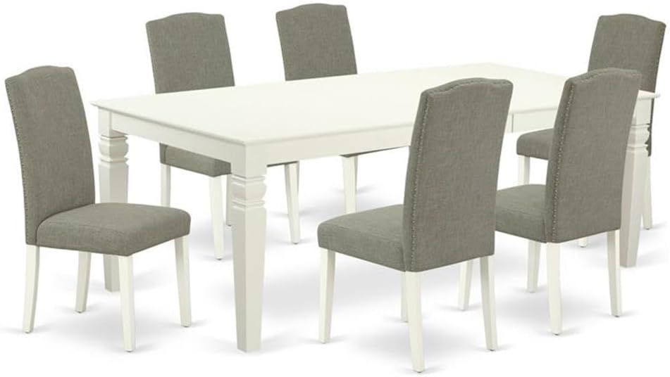 East West Furniture LGEN7-LWH-06 7 Piece Dining Room Table Set Consist of a Rectangle Kitchen Table with Butterfly Leaf and 6 Dark Shitake Linen Fabric Parson Chairs, 42x84 Inch, Linen White