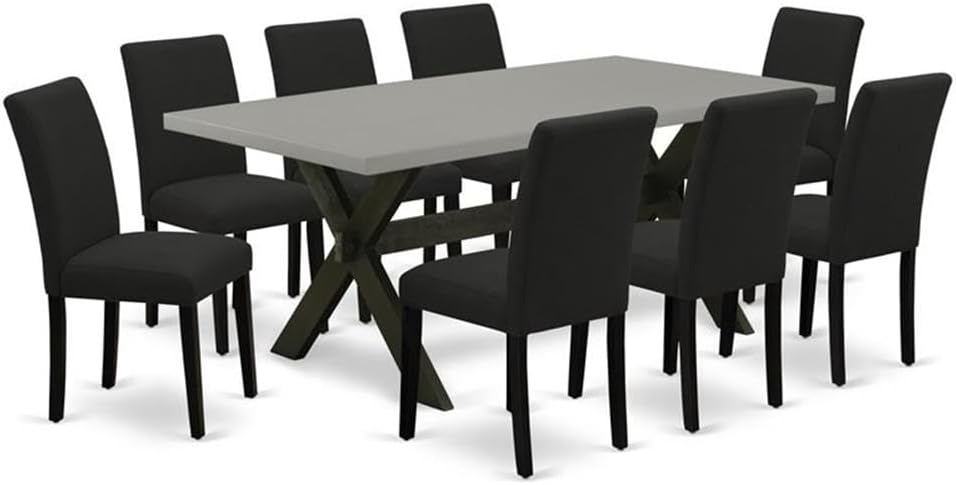 East West Furniture X697AB624-9 9 Piece Dining Room Table Set Includes a Rectangle Kitchen Table with X-Legs and 8 Black Color Linen Fabric Parsons Dining Chairs, 40x72 Inch, Multi-Color