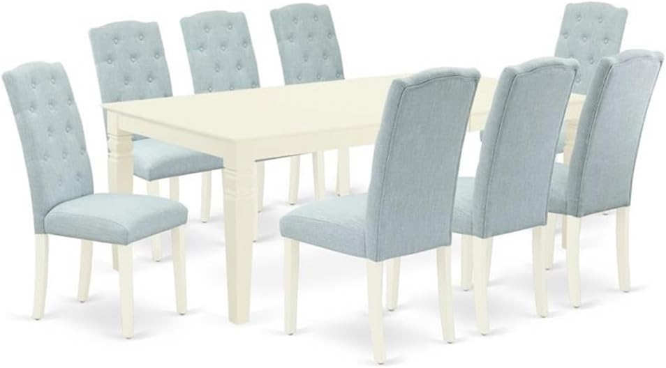 East West Furniture LGCE9-LWH-15 9 Piece Dining Room Table Set Includes a Rectangle Kitchen Table with Butterfly Leaf and 8 Baby Blue Linen Fabric Parsons Chairs, 42x84 Inch, Linen White
