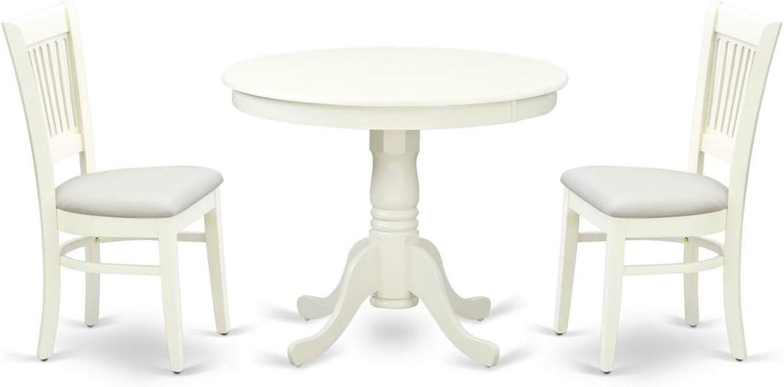 East West Furniture ANVA3-LWH-C 3 Piece Dining Table Set for Small Spaces Contains a Round Kitchen Table with Pedestal and 2 Linen Fabric Kitchen Dining Chairs, 36x36 Inch, Linen White
