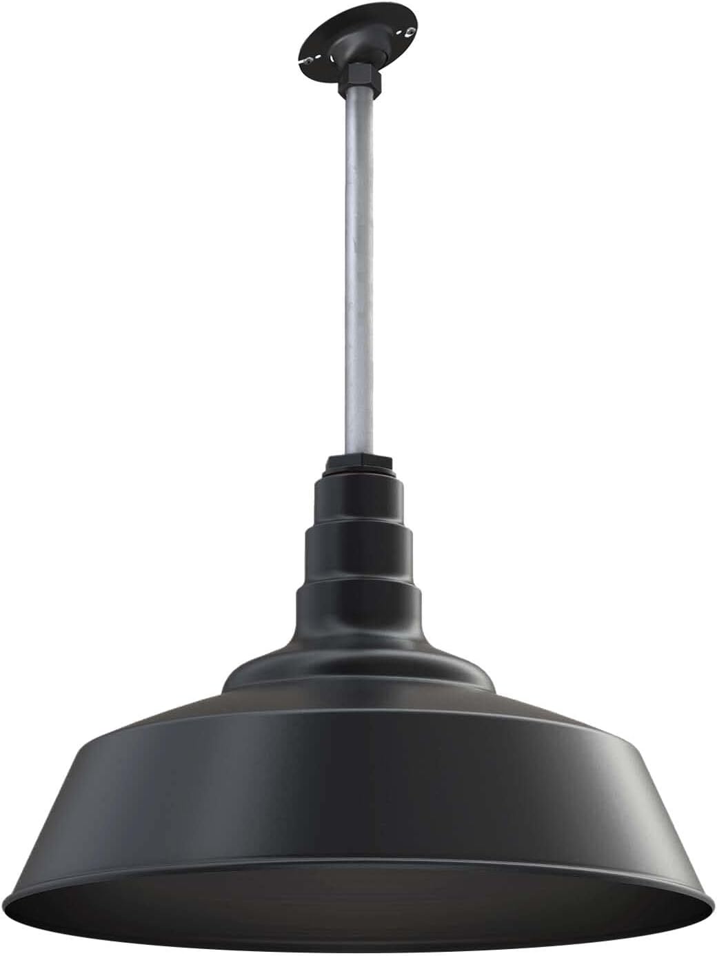 Steel Lighting Co. Manhattan Warehouse Light | Ceiling Mounted Pendant | 20 inch Dome | 12 inch Sloped Stem | Large Steel Barn Light Made in America | Matte Black Exterior/Matte Black Interior