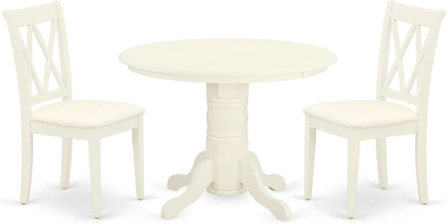 East West Furniture SHCL3-WHI-C 3 Piece Dining Room Furniture Set Contains a Round Kitchen Table with Pedestal and 2 Linen Fabric Upholstered Dining Chairs, 42x42 Inch, Linen White