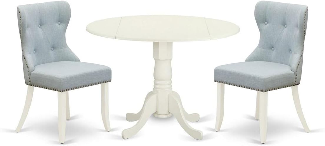 East West Furniture DLSI3-WHI-15 3 Piece Dining Room Furniture Set Contains a Round Dining Table with Dropleaf and 2 Baby Blue Linen Fabric Upholstered Chairs, 42x42 Inch, Linen White