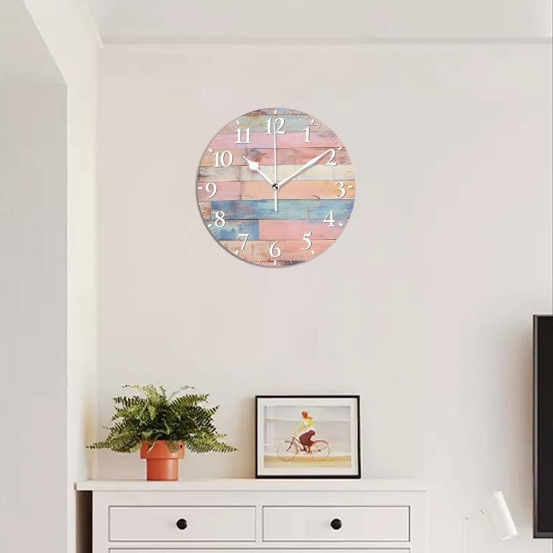 Plank Wall Clock Non-Ticking Silent Clocks Battery Operated Analog Decor Clock for Home-Colorful Pastel Pink Wooden Wall(16inch)