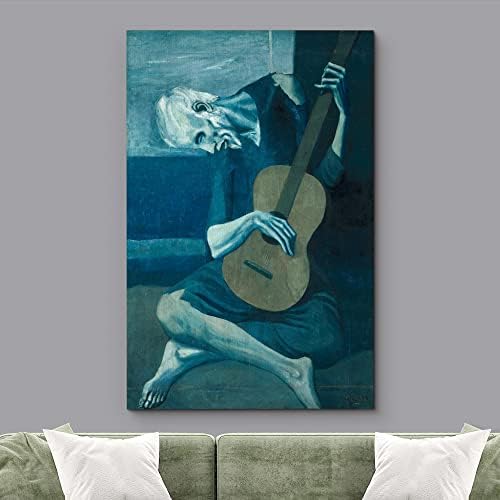 wall26 Canvas Print Wall Art The Old Guitarist by Pablo Picasso Cultural People Oil Painting Fine Art Traditional Dramatic Multicolor Ultra for Living Room, Bedroom, Office - 16"x24"