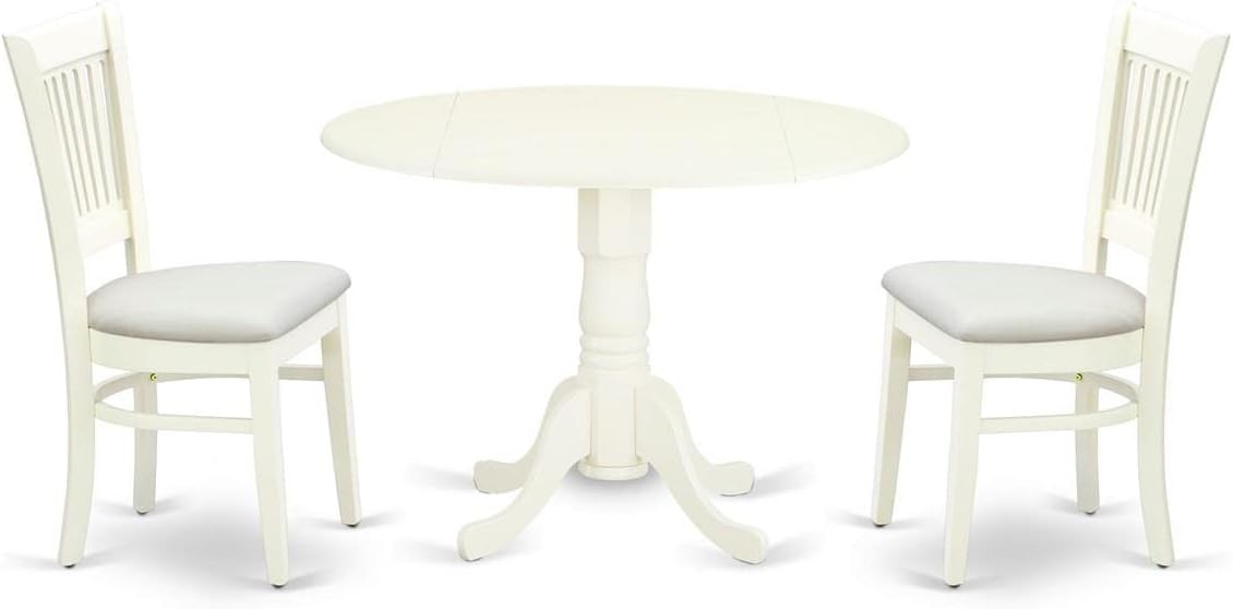 East West Furniture DLVA3-LWH-C 3 Piece Modern Dining Table Set Contains a Round Wooden Table with Dropleaf and 2 Linen Fabric Upholstered Dining Chairs, 42x42 Inch, Linen White