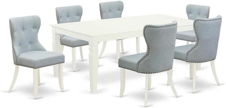 East West Furniture LGSI7-LWH-15 7 Piece Dining Room Set Consist of a Rectangle Wooden Table with Butterfly Leaf and 6 Baby Blue Linen Fabric Parson Dining Chairs, 42x84 Inch, Linen White