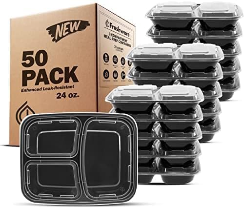 Freshware Meal Prep Containers [50 Pack] 3 Compartment Food Storage Containers with Lids, Bento Box, BPA Free, Stackable, Microwave/Dishwasher/Freezer Safe (24 oz) (Pack of 6)