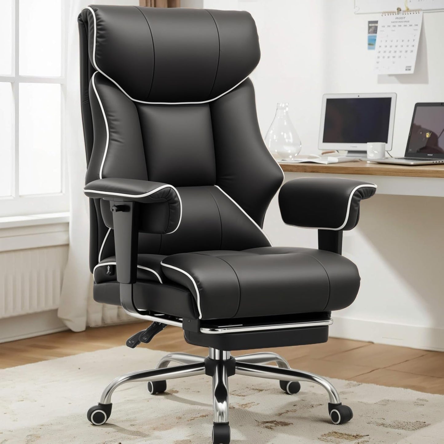 Big and Tall Office Chair 400Lbs High Back Gaming Chair with Ergonomic Lumbar Support & Pocket Spring Cushion for Lower Back Pain Relief, Leather Executive Chair with Foot Rest, White/Black