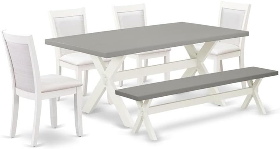 East West Furniture X097MZ001-6 6 Piece Kitchen Table Set Contains a Rectangle Dining Table with X-Legs and 4 Cream Linen Fabric Upholstered Chairs with a Bench, 40x72 Inch, Multi-Color