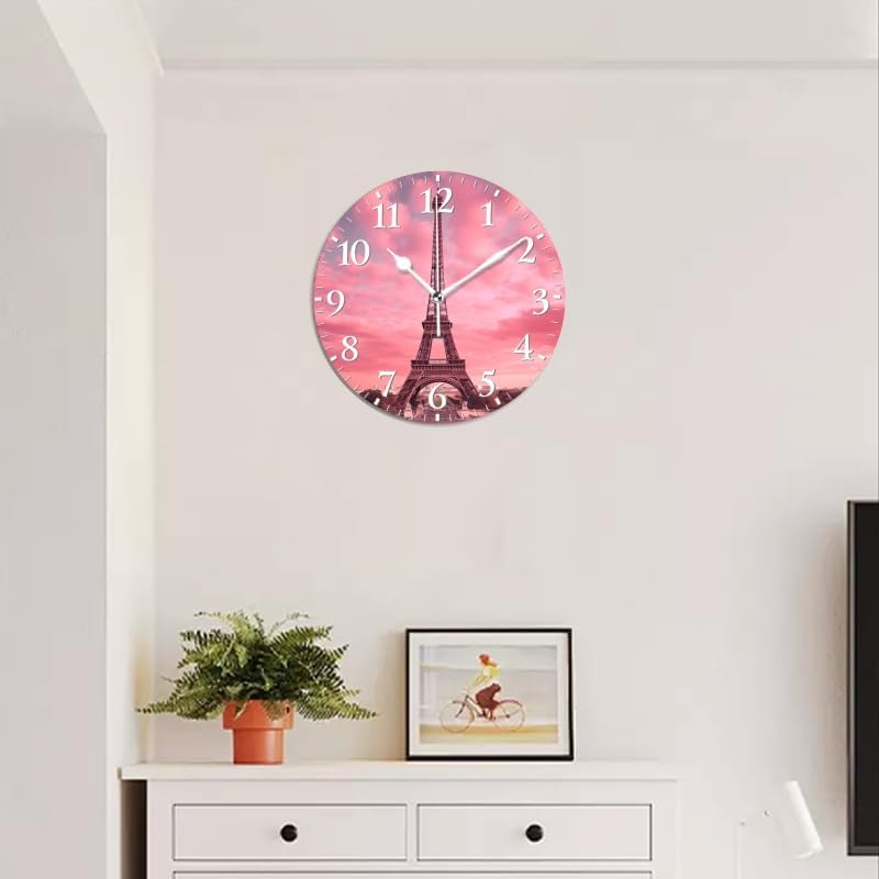 Paris Wall Clock Non-Ticking Silent Clocks Battery Operated Analog Decor Clock for Home-Eiffel Tower with Pink Sky and Pink Clouds(14inch)