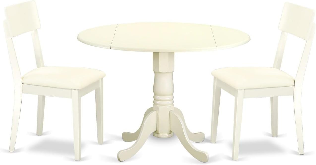 East West Furniture DLAD3-LWH-LC 3 Piece Dining Room Furniture Set Contains a Round Dining Table with Dropleaf and 2 Faux Leather Upholstered Chairs, 42x42 Inch, Linen White