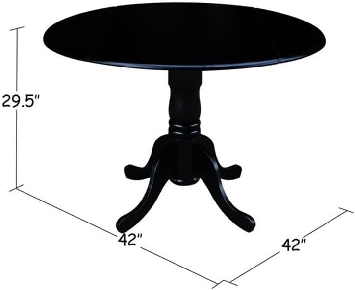 IC International Concepts, 42" Round Dual Drop Leaf Pedestal Dining Table, Solid Wood, Real Parawood, 42" W x 42" D x 29.5" H, Easy Assembly, Black