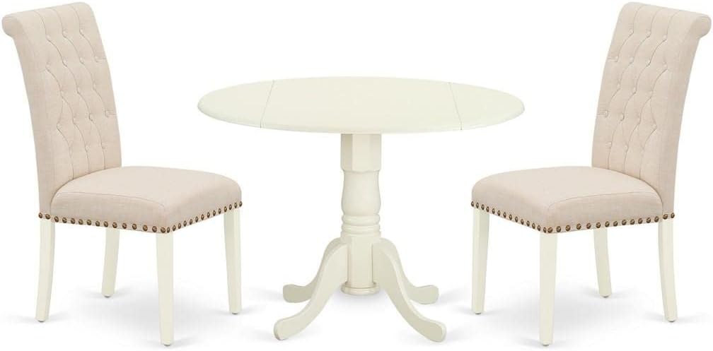 East West Furniture DLBR3-WHI-02 3 Piece Modern Dining Table Set Contains a Round Wooden Table with Dropleaf and 2 Light Beige Linen Fabric Parson Dining Chairs, 42x42 Inch, Linen White