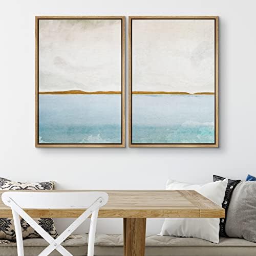 SIGNWIN Framed Canvas Print Wall Art Set Gold Blue Ocean Sea Beach Landscape Nature Wilderness Illustrations Modern Art Decorative Rustic for Living Room, Bedroom, Office - 16"x24"x2 Natural