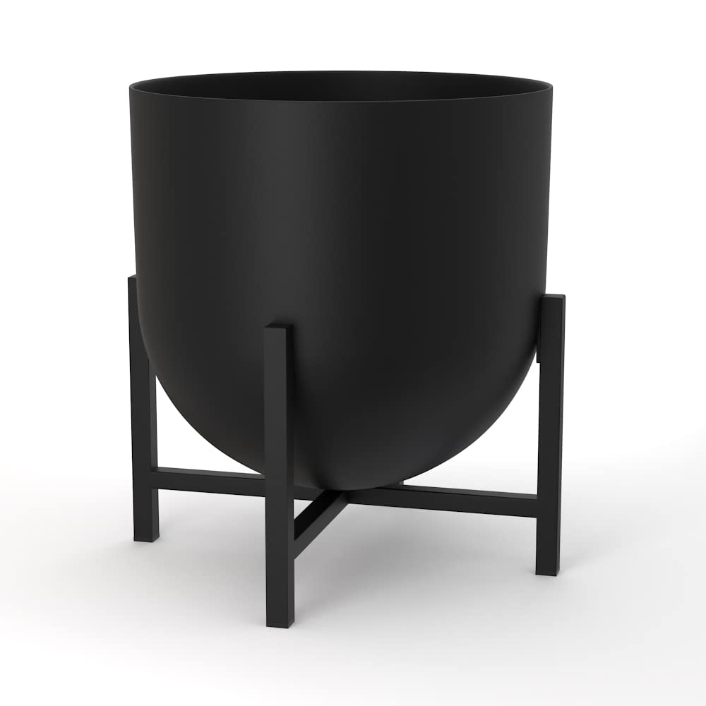 Olly & Rose Plant Pot with Plant Stand - Metal Plant Pots Indoor Planter 22cm Large Flower Pot (Black)