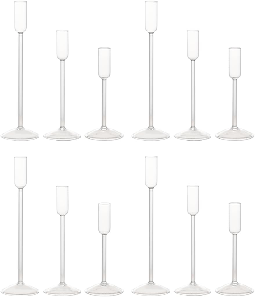 Willceka Candle Holder, Glass Taper Candle Tall Candlestick Holder, 3 Different Heights, for Table Centerpiece, Wedding, Party, Clear, 12pcs