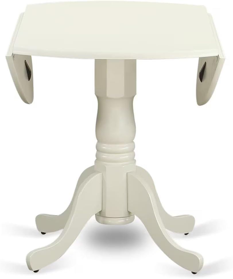 East West Furniture DLAB5-LWH-64 5 Piece Kitchen Table & Chairs Set Includes a Round Dining Room Table with Dropleaf and 4 White Faux Leather Parsons Dining Chairs, 42x42 Inch, Linen White